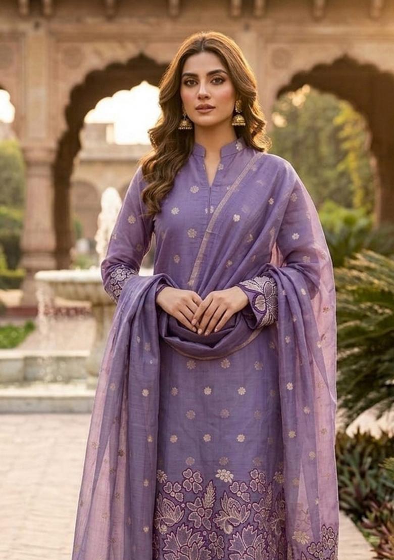Purple Zari Work Silk Kurta Set - Indya