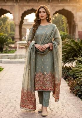 Grey Zari Work Silk Kurta Set