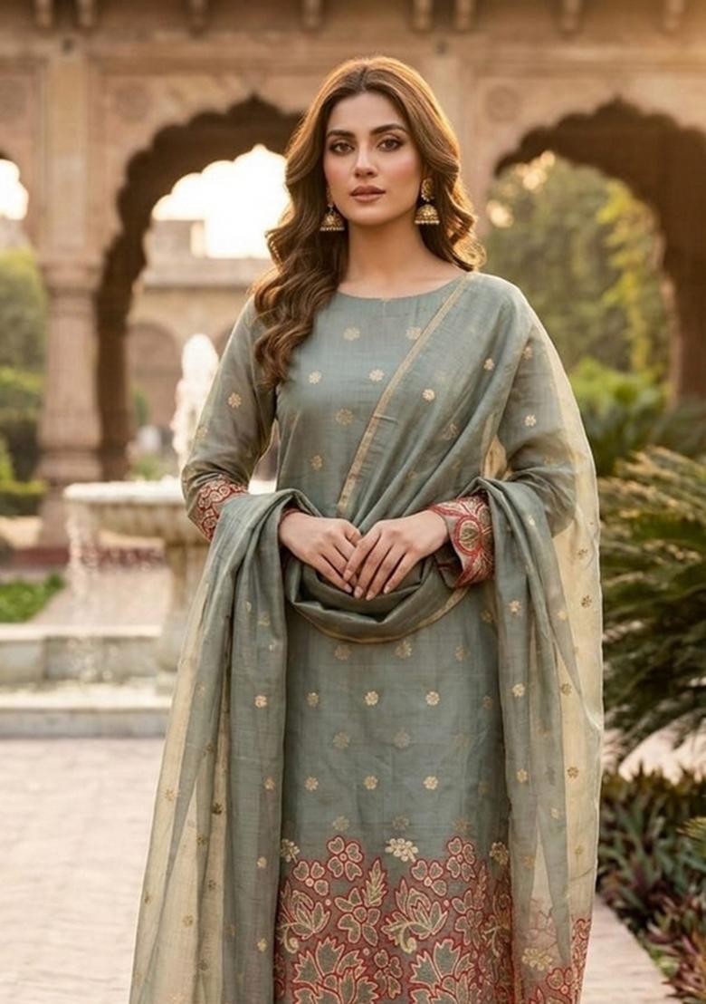 Grey Zari Work Silk Kurta Set - Indya