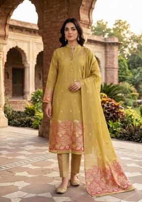 Mustard Zari Work Silk Kurta Set
