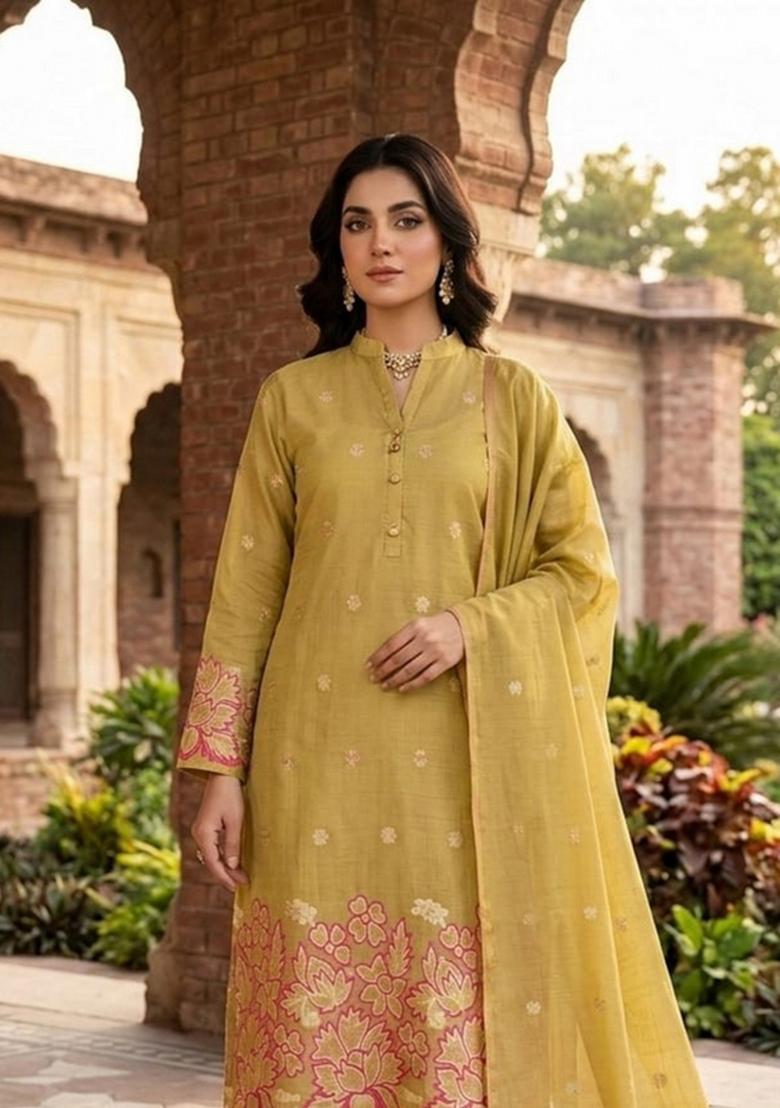 Mustard Zari Work Silk Kurta Set - Indya