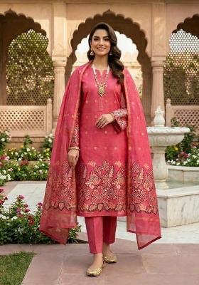 Red Zari Work Silk Kurta Set