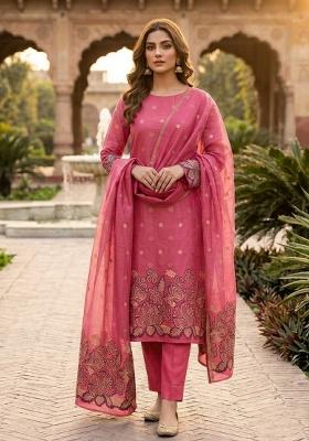 Pink Zari Work Silk Kurta Set