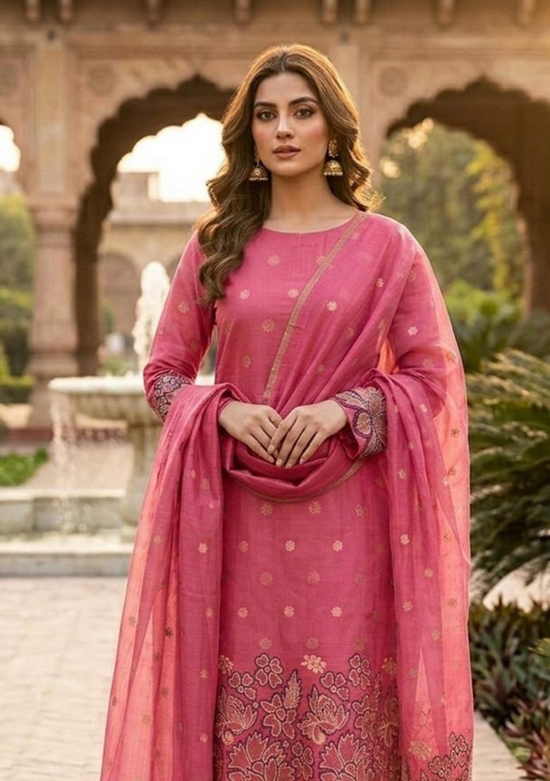 Pink Zari Work Silk Kurta Set - Indya