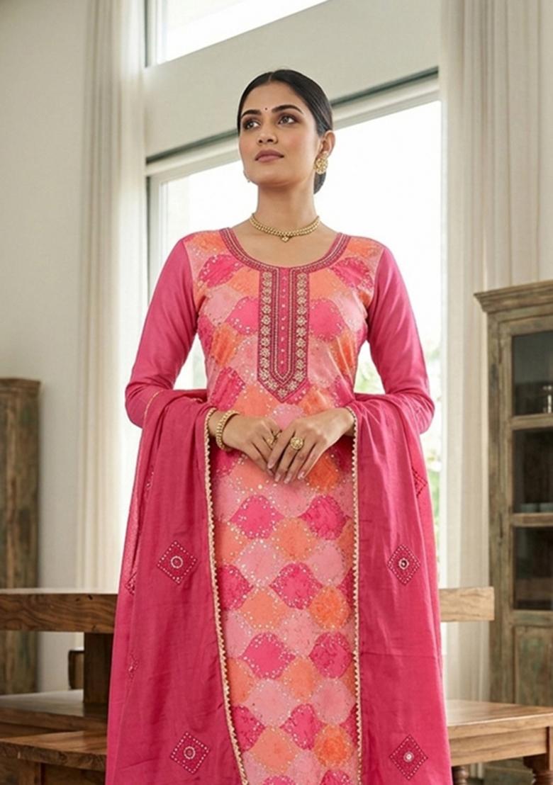Pink Printed Silk Kurta Set - Indya