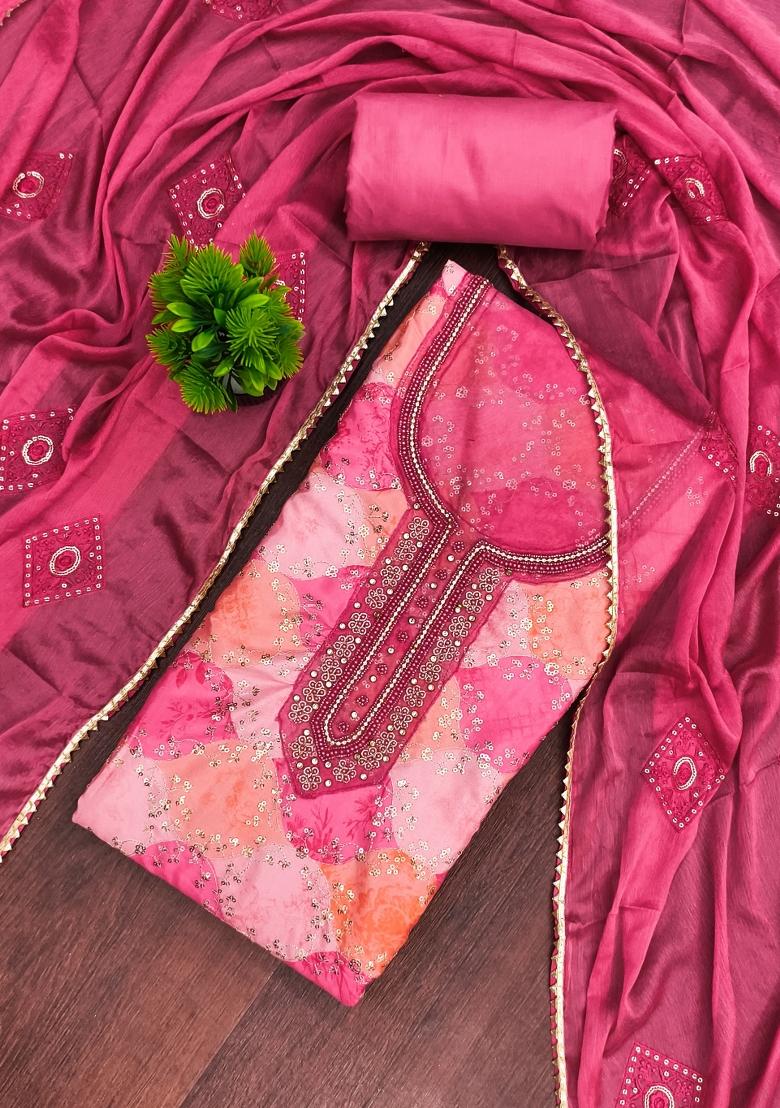 Pink Printed Silk Kurta Set - Indya