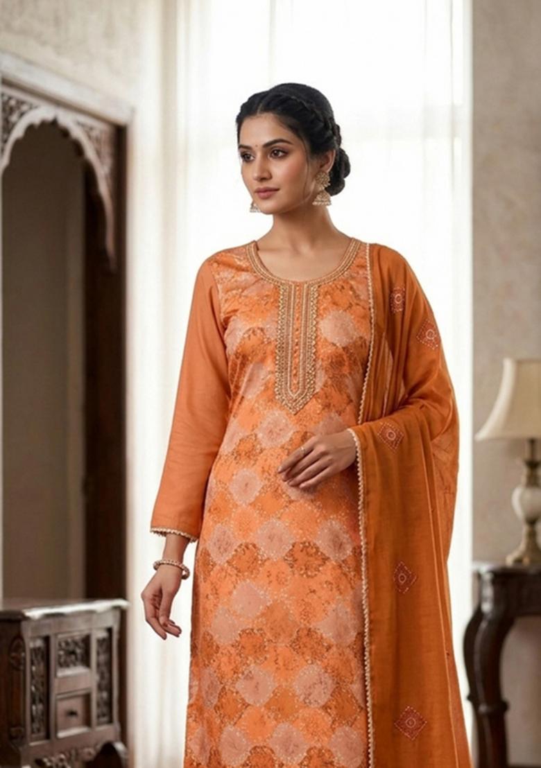 Red Printed Silk Kurta Set - Indya