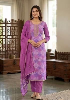 Purple Printed Silk Kurta Set