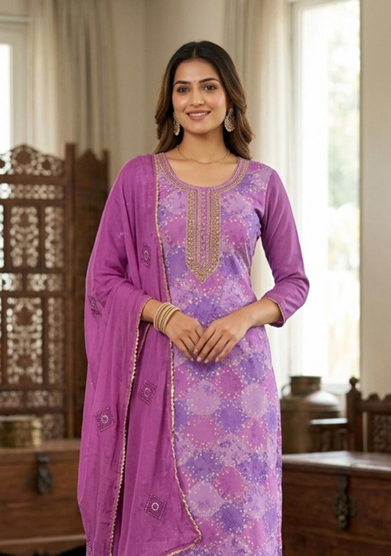 Purple Printed Silk Kurta Set - Indya