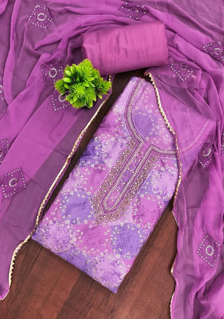 Purple Printed Silk Kurta Set - Indya