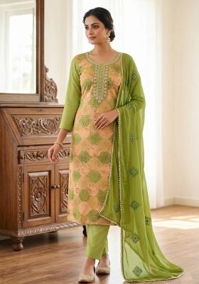 Green Printed Silk Kurta Set