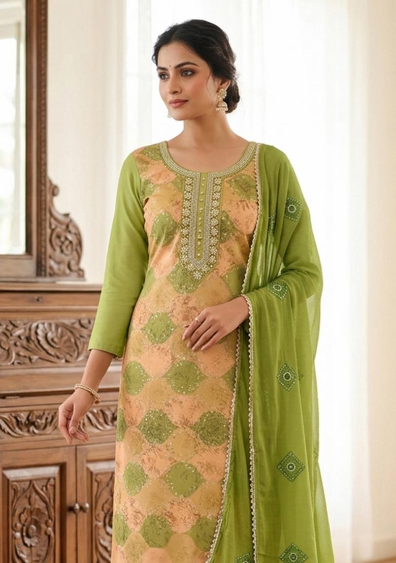 Green Printed Silk Kurta Set - Indya