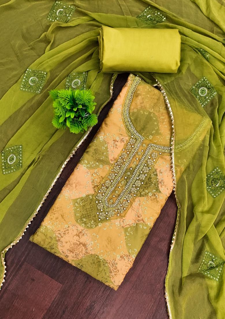 Green Printed Silk Kurta Set - Indya