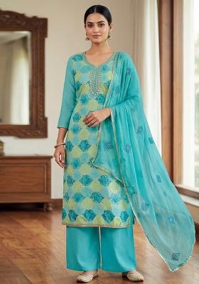 Sea Green Printed Silk Kurta Set