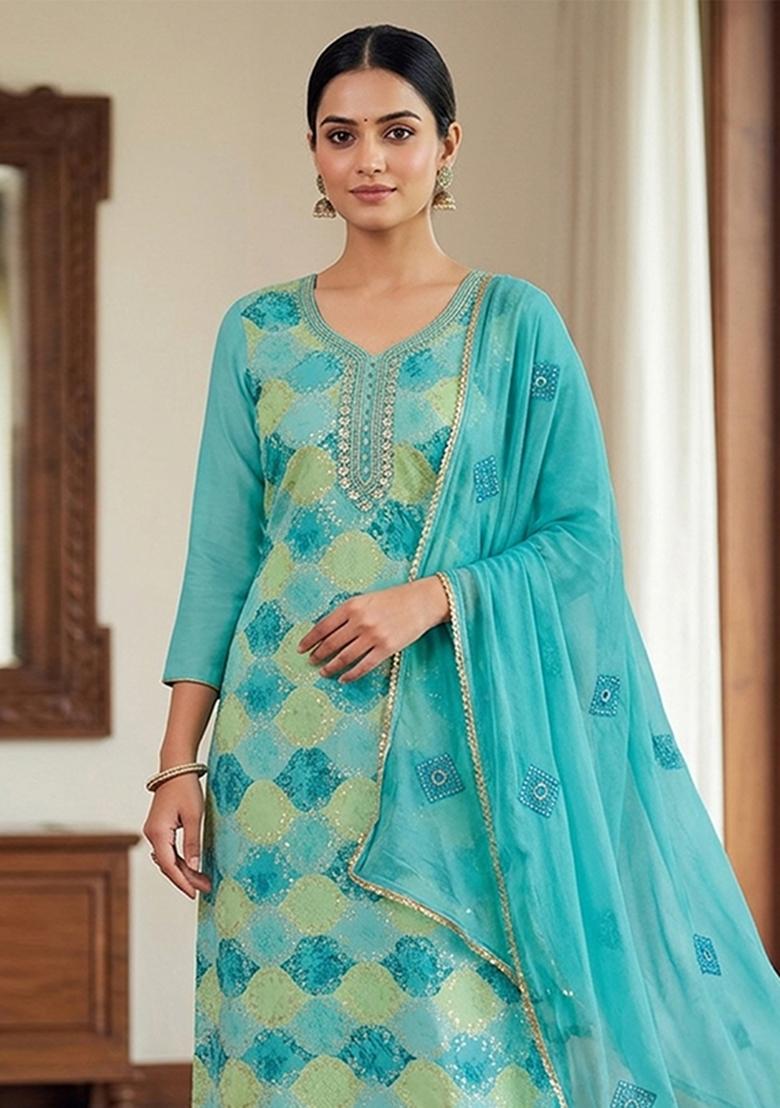 Sea Green Printed Silk Kurta Set - Indya