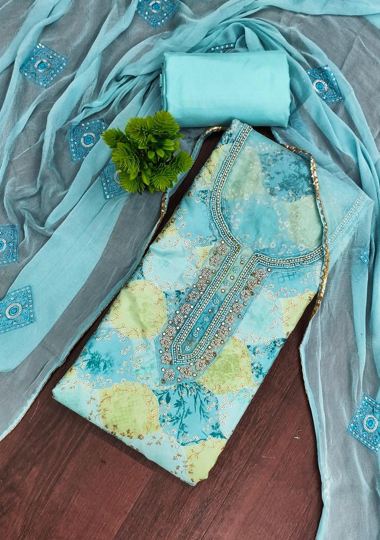Sea Green Printed Silk Kurta Set - Indya