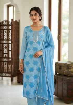 Sky Blue Printed Silk Kurta Set