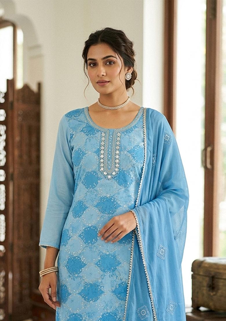 Sky Blue Printed Silk Kurta Set - Indya