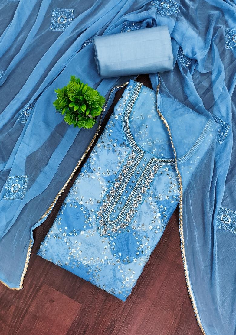 Sky Blue Printed Silk Kurta Set - Indya