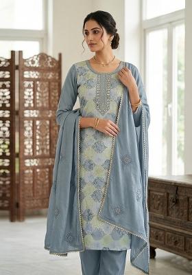 Grey Printed Silk Kurta Set
