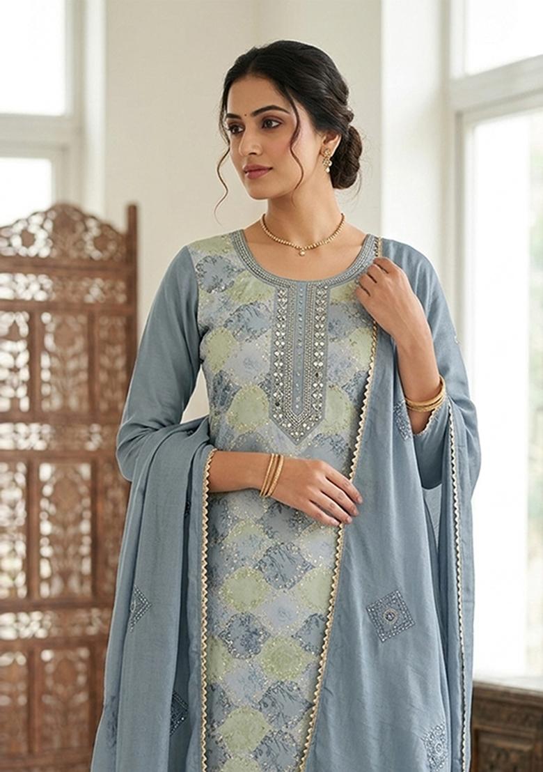 Grey Printed Silk Kurta Set - Indya