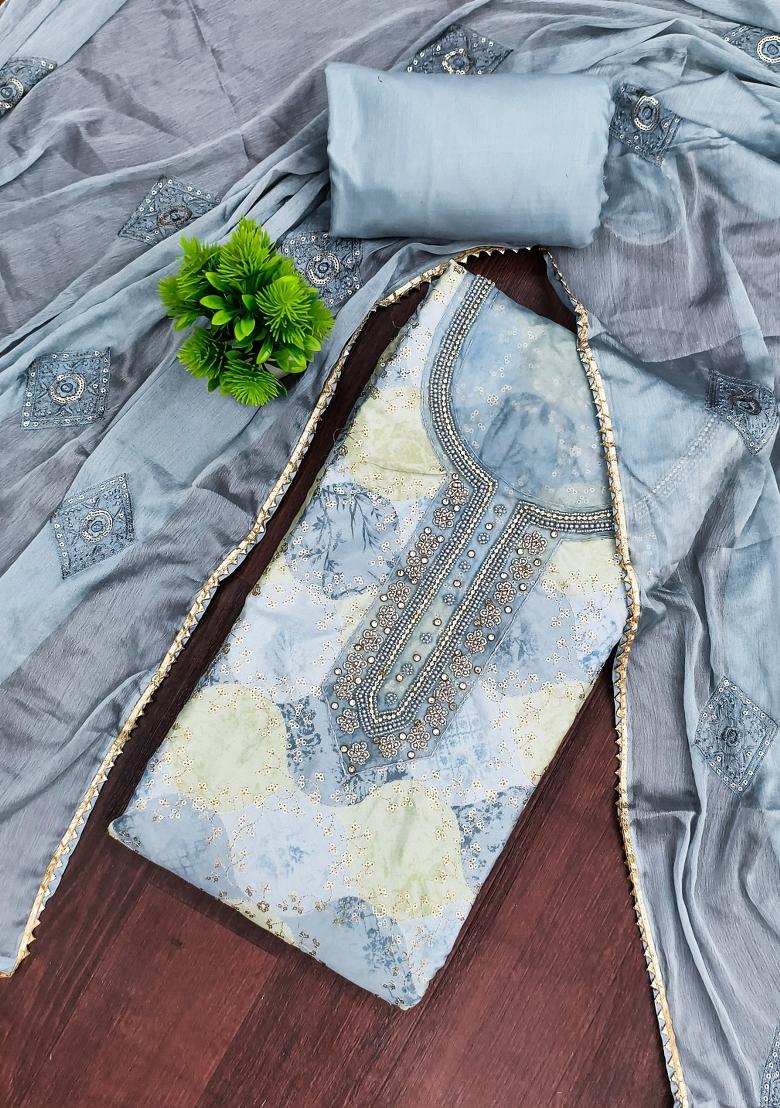 Grey Printed Silk Kurta Set - Indya