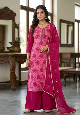 Magenta Printed Silk Kurta Set