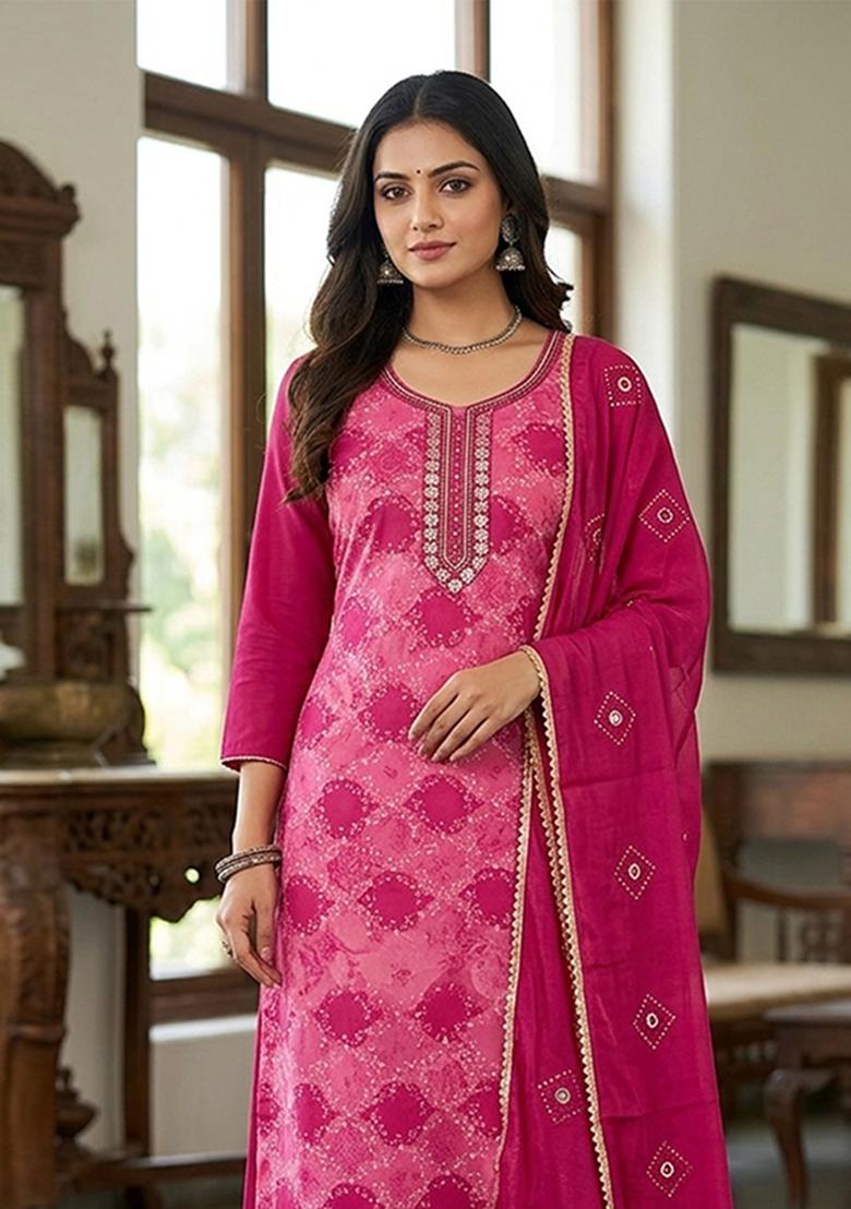 Magenta Printed Silk Kurta Set - Indya
