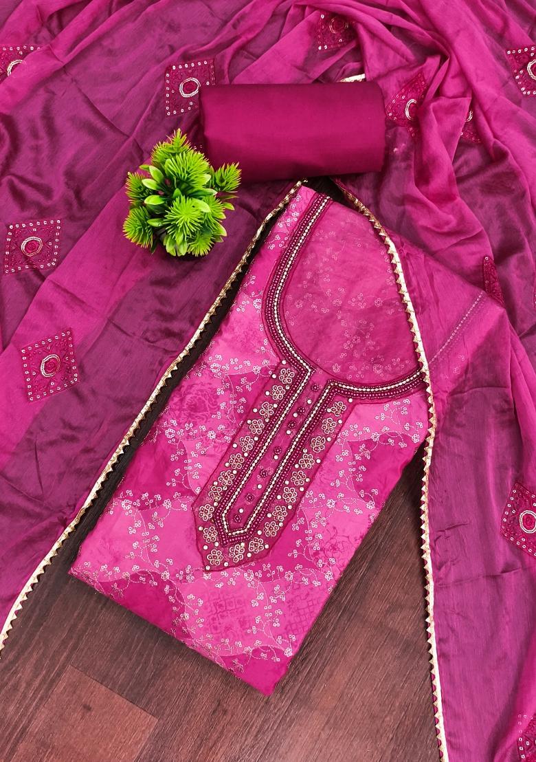 Magenta Printed Silk Kurta Set - Indya