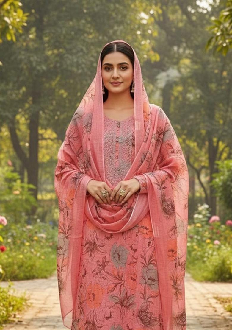 Pink Printed Cotton Kurta Set - Indya