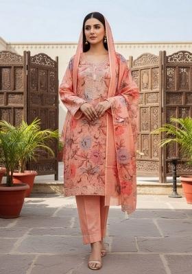 Peach Printed Cotton Kurta Set