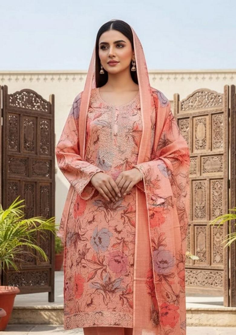 Peach Printed Cotton Kurta Set - Indya