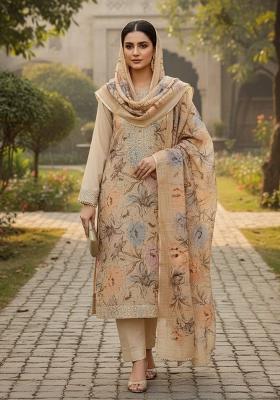 Beige Printed Cotton Kurta Set