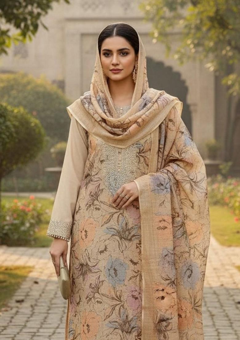 Beige Printed Cotton Kurta Set - Indya