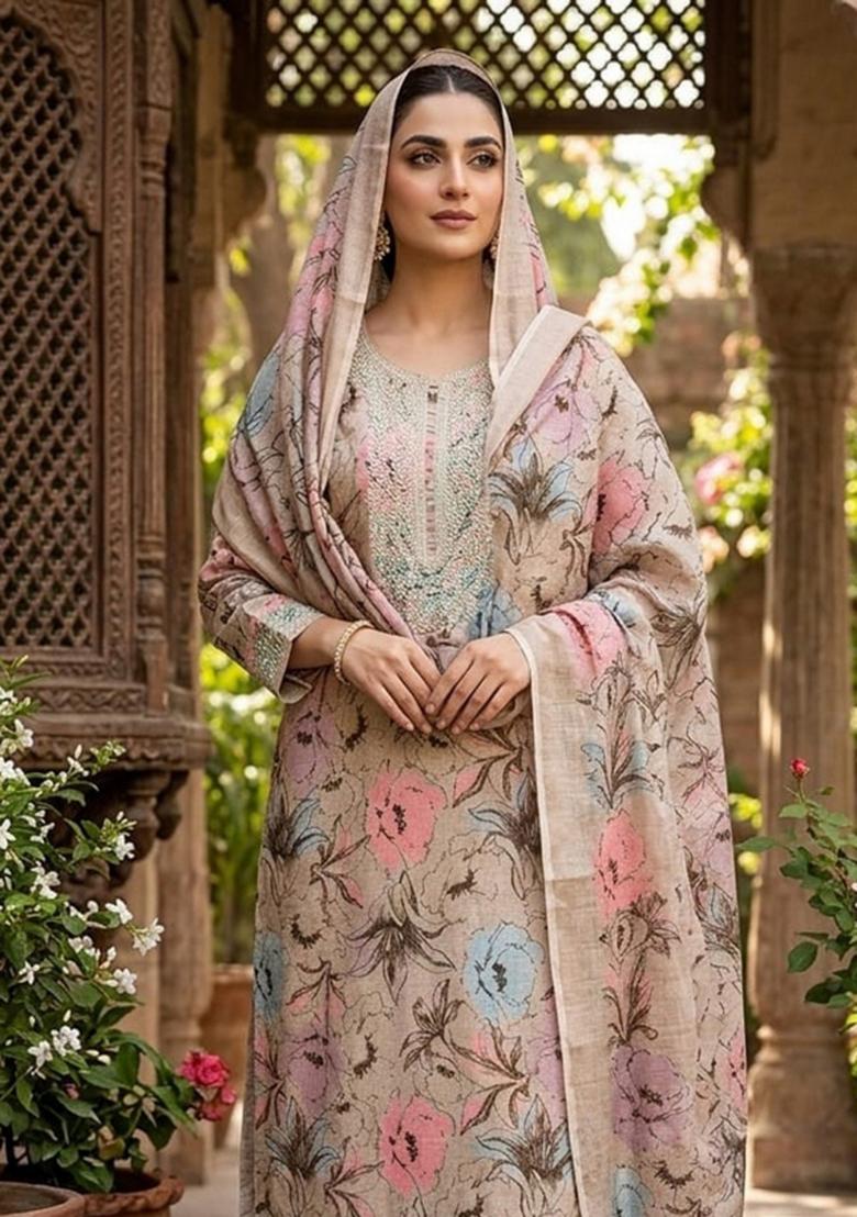 Grey Printed Cotton Kurta Set - Indya