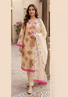 Cream Printed Silk Kurta Set