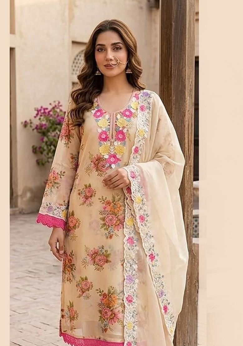 Cream Printed Silk Kurta Set - Indya