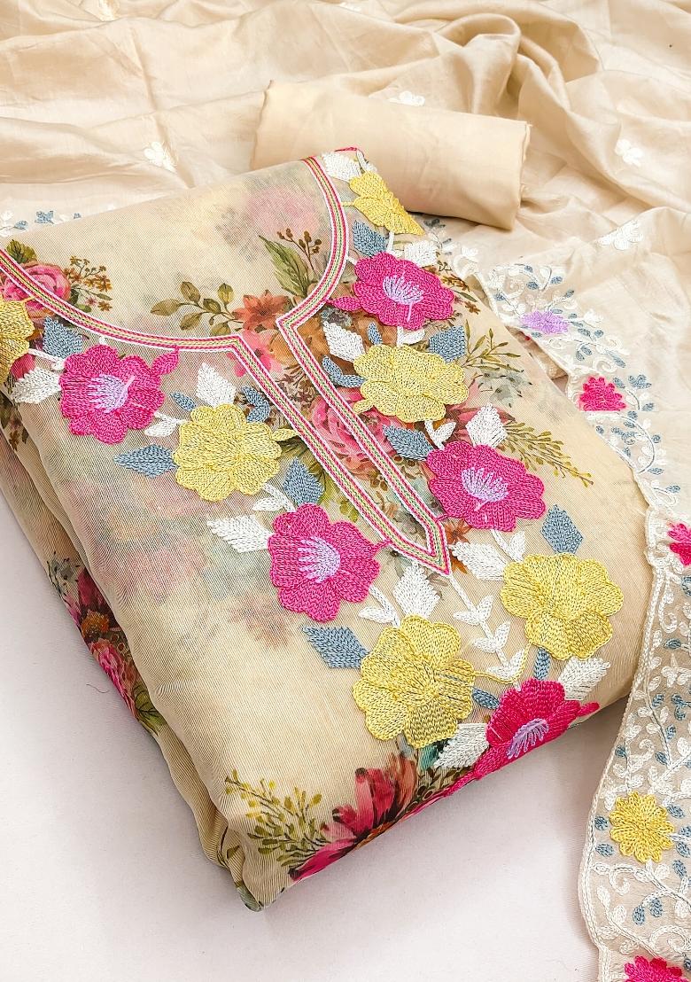 Cream Printed Silk Kurta Set - Indya