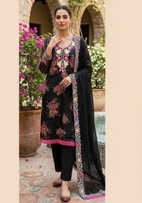 Black Printed Silk Kurta Set