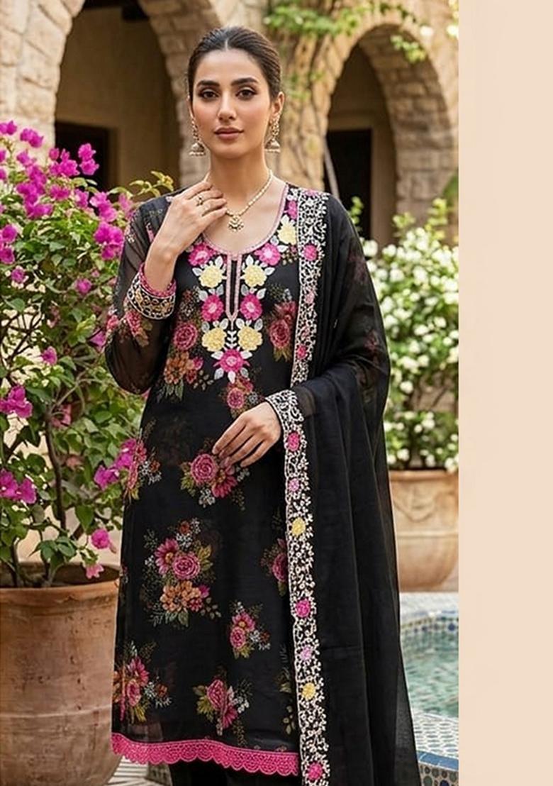 Black Printed Silk Kurta Set - Indya