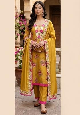 Mustard Printed Silk Kurta Set