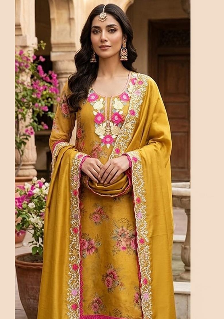Mustard Printed Silk Kurta Set - Indya