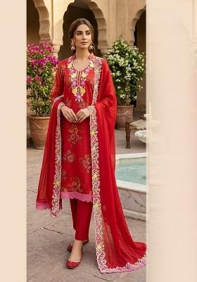 Red Printed Silk Kurta Set