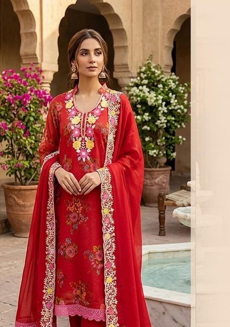Red Printed Silk Kurta Set - Indya