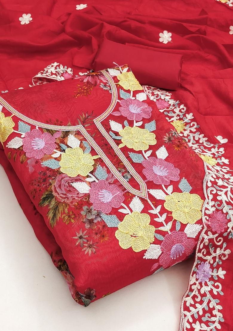Red Printed Silk Kurta Set - Indya