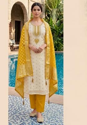 Off White Printed Jacquard Kurta Set