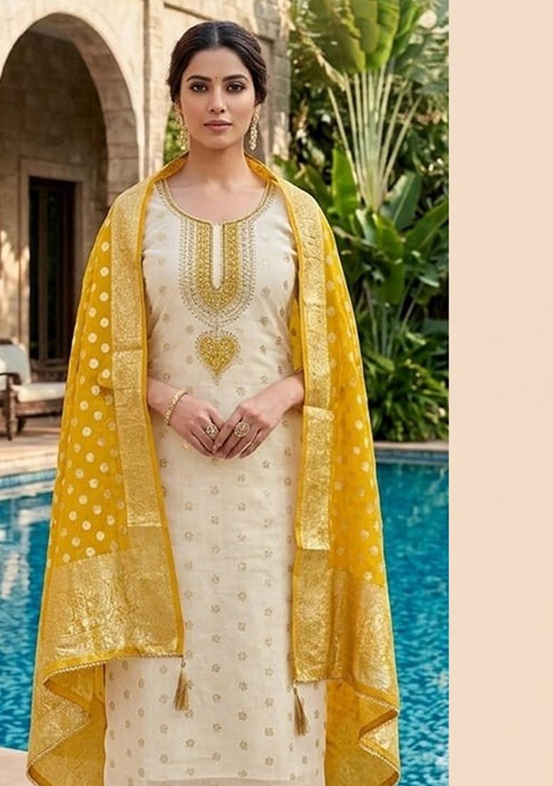 Off White Printed Jacquard Kurta Set - Indya
