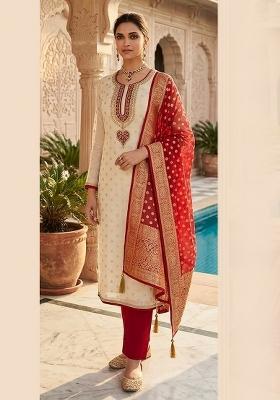 Off White Printed Jacquard Kurta Set