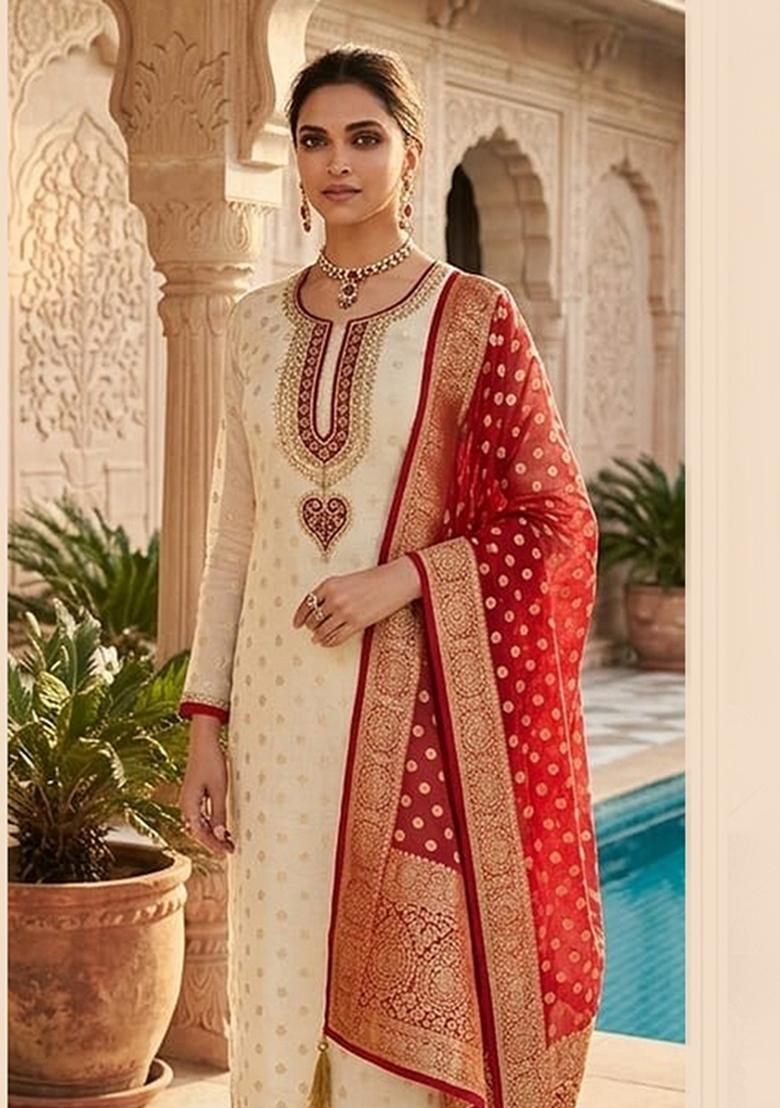 Off White Printed Jacquard Kurta Set - Indya