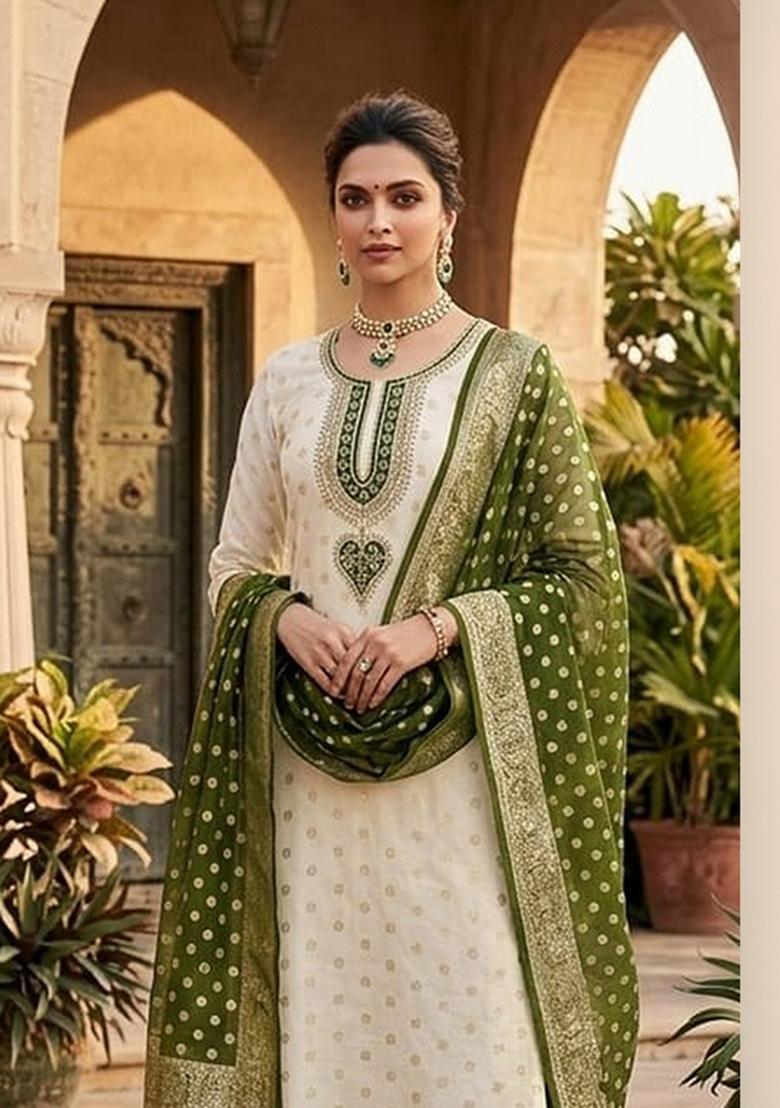Off White Printed Jacquard Kurta Set - Indya